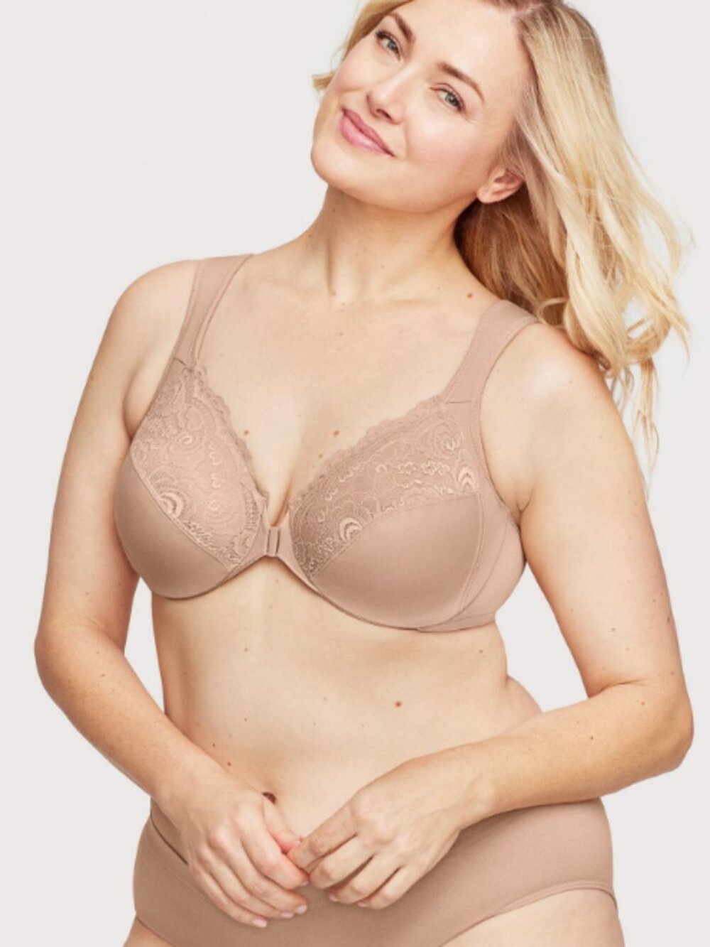 Glamorise WonderWire Front Closure Bra 42C Beige Nude Lace Underwire 1245 NWOT